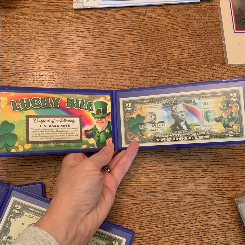 US $2 bill colorized w lucky leprechaun, clover and rainbow
